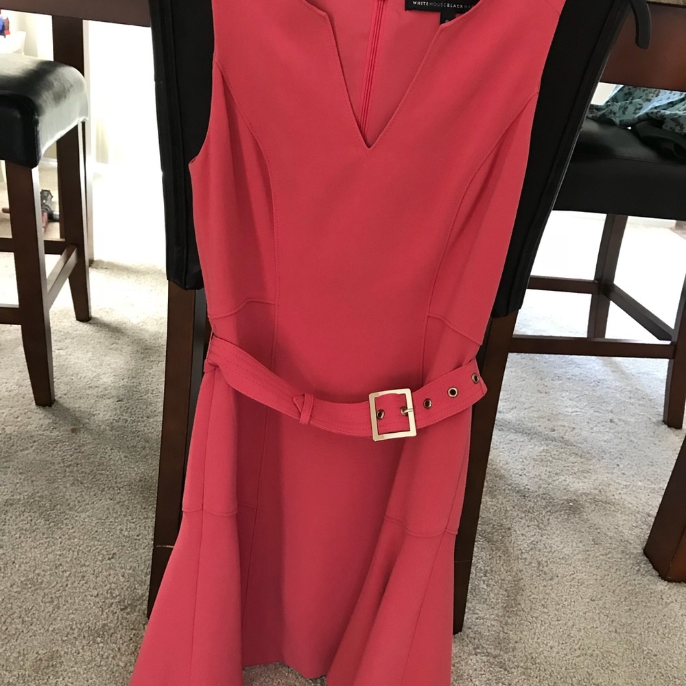 White House Black Market Coral Pink Fit-and-Flare Belted Dress - Picture 2 of 5
